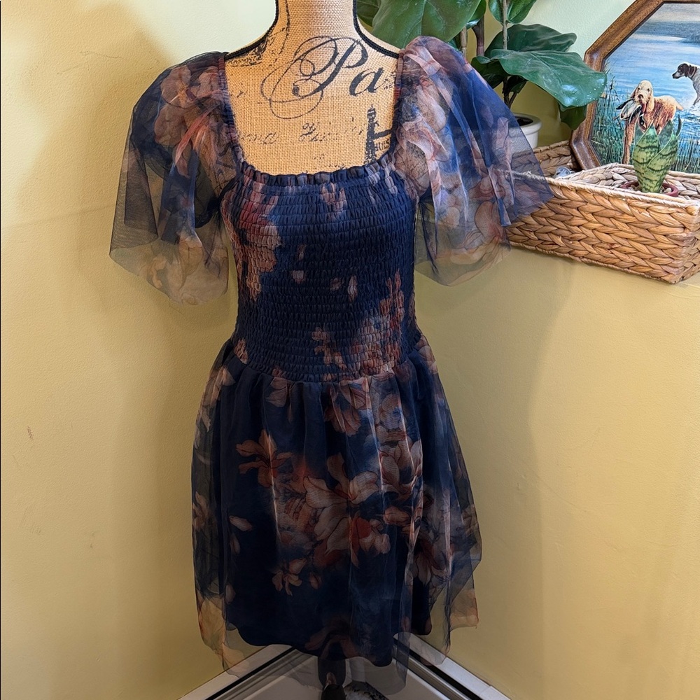 Baltic Born Tivoli Tulle Dark Blue Floral Puff-Sleeve Smocked Mini Dress NWT